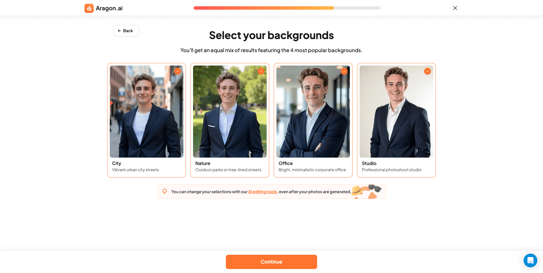 Aragon AI background selection interface showing environment and colour options