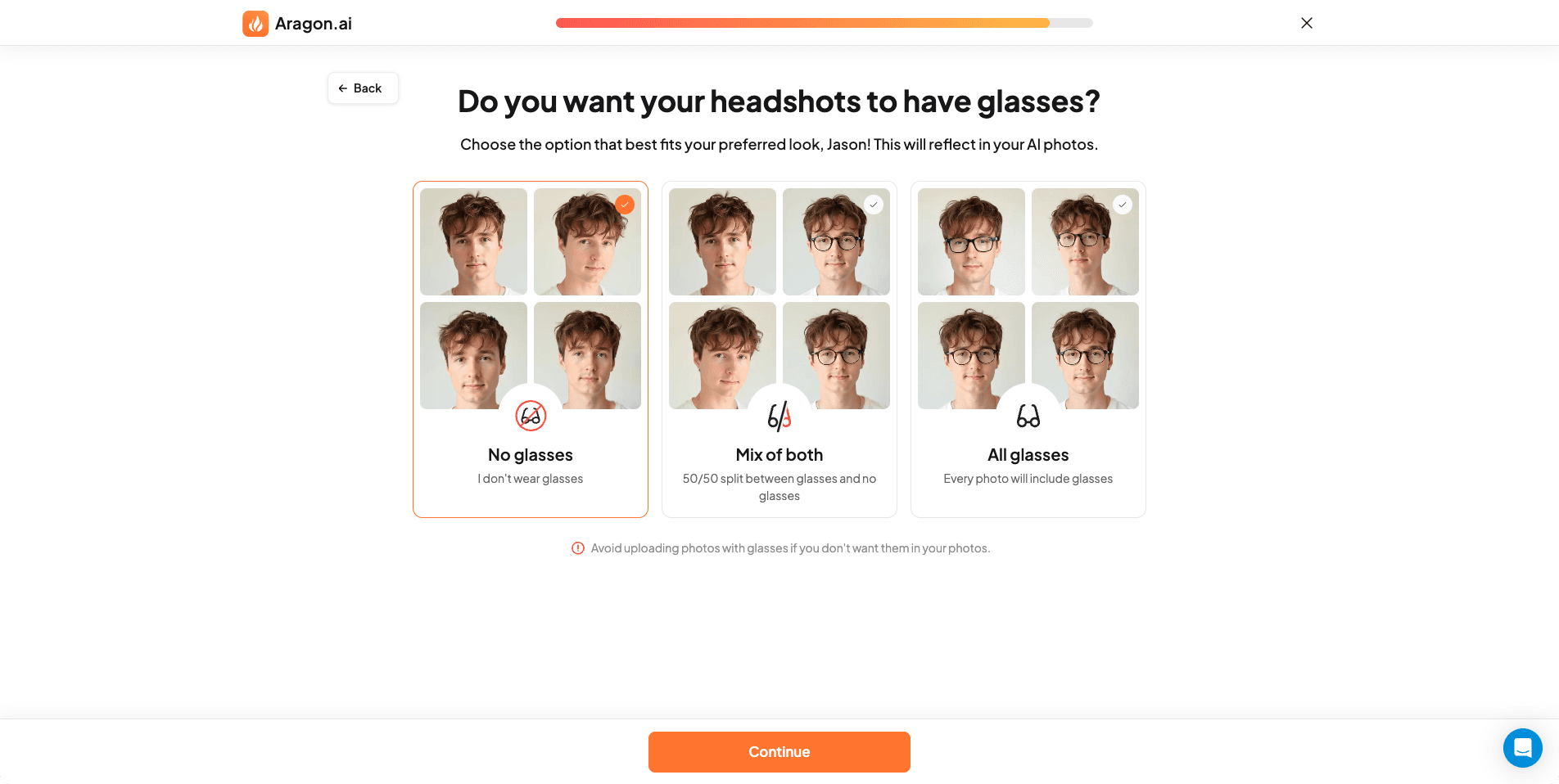 Aragon AI glasses preference selection screen during headshot setup