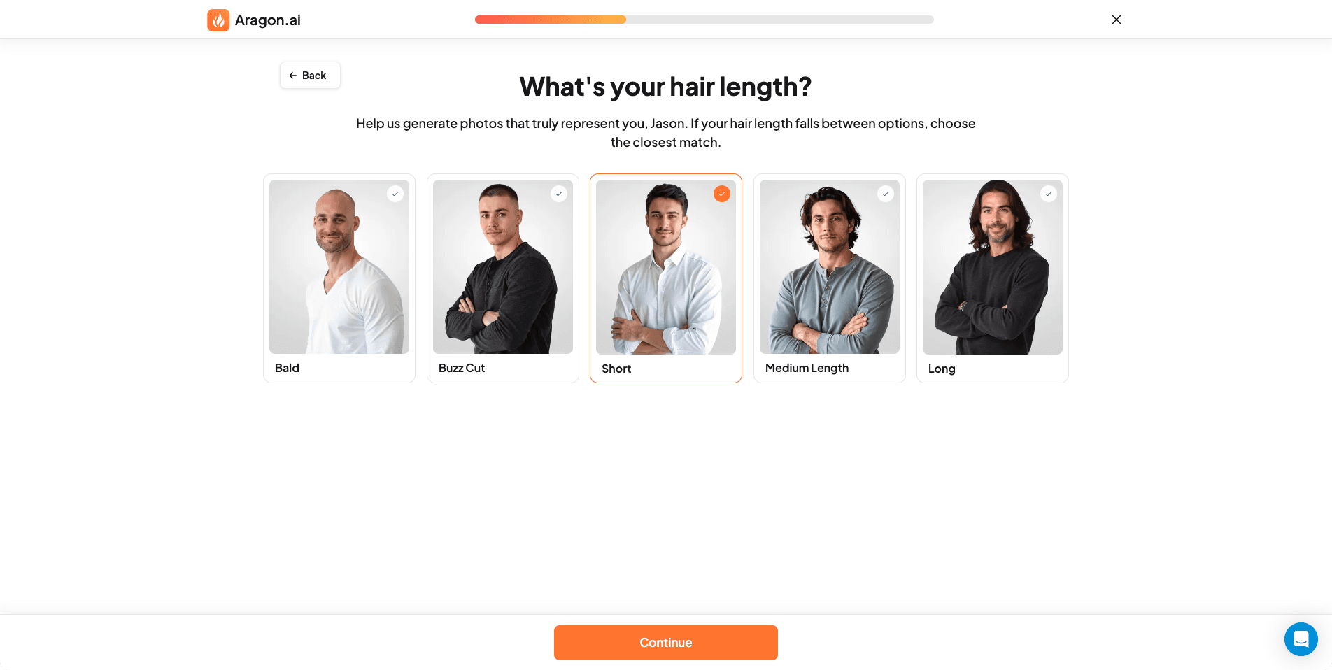 Aragon AI hair length selection step during onboarding showing short, medium, and long options