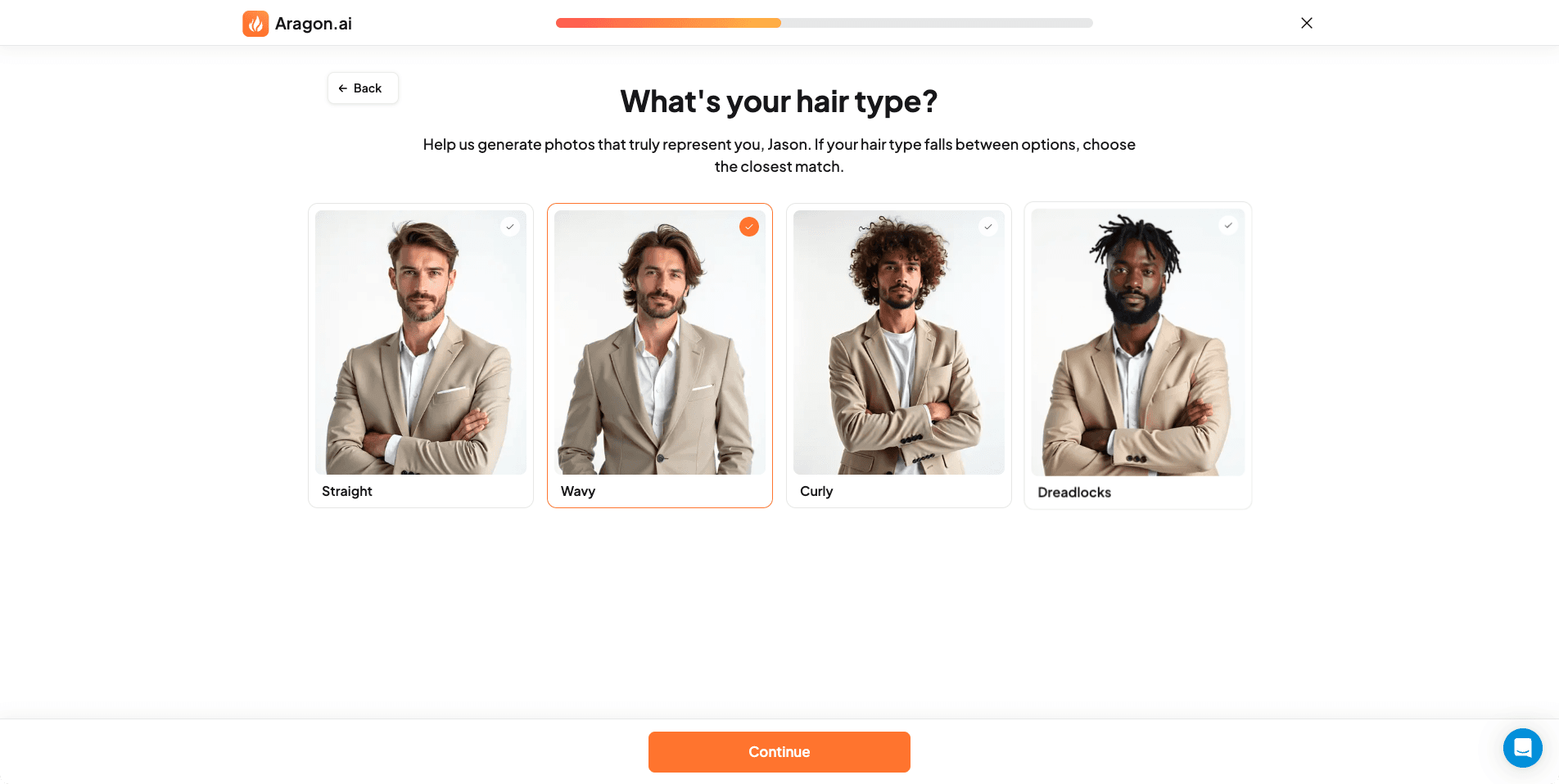 Aragon AI hair type selection showing straight, wavy, and curly options