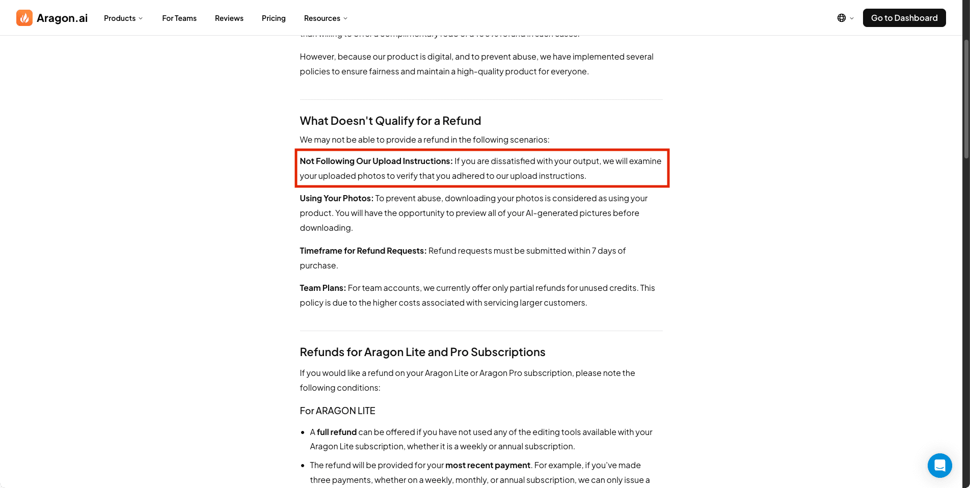 Aragon AI refund policy page showing conditions for quality-related refund requests