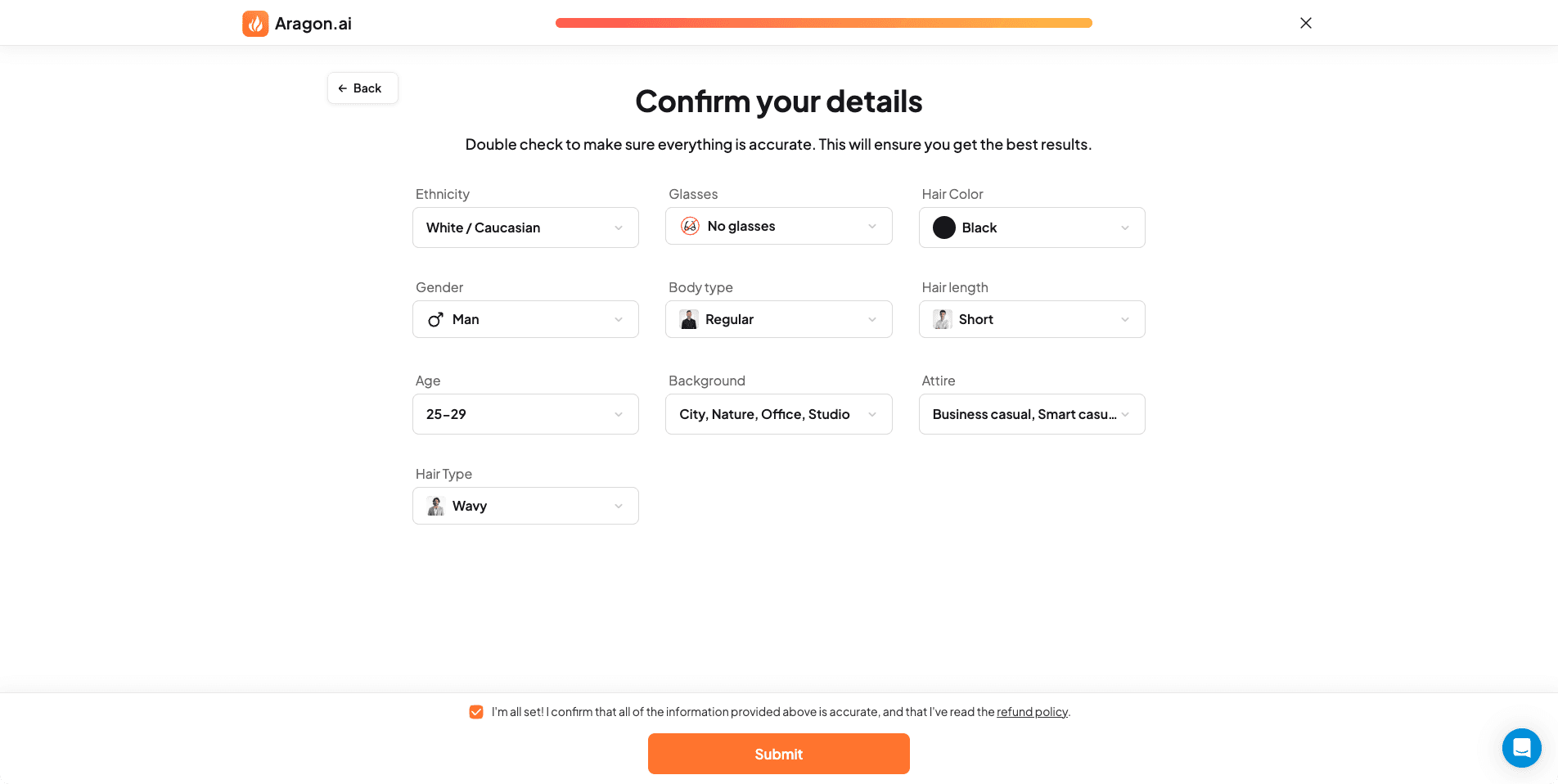 Aragon AI review and confirm details screen before submitting headshot order