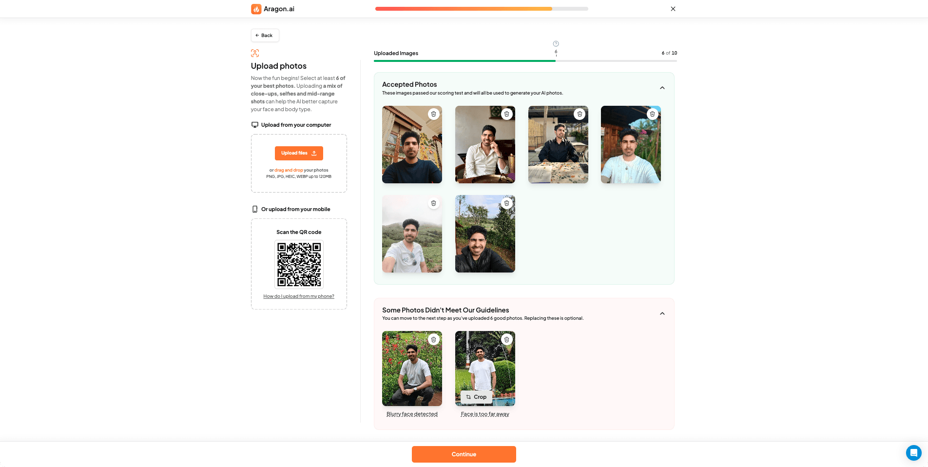 Aragon AI photo upload interface showing the image submission step