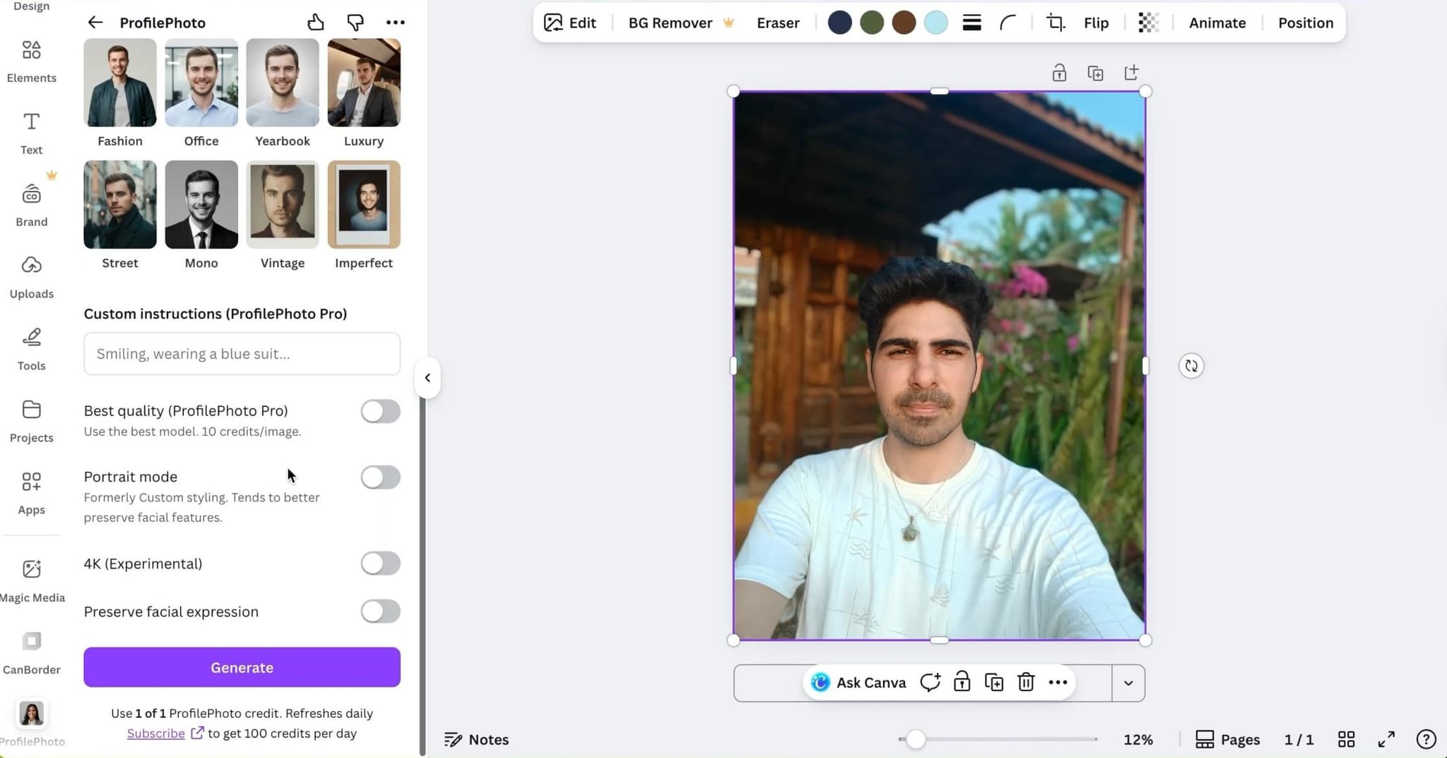 Canva AI headshot 4K facial preservation feature showing high-resolution face detail enhancement