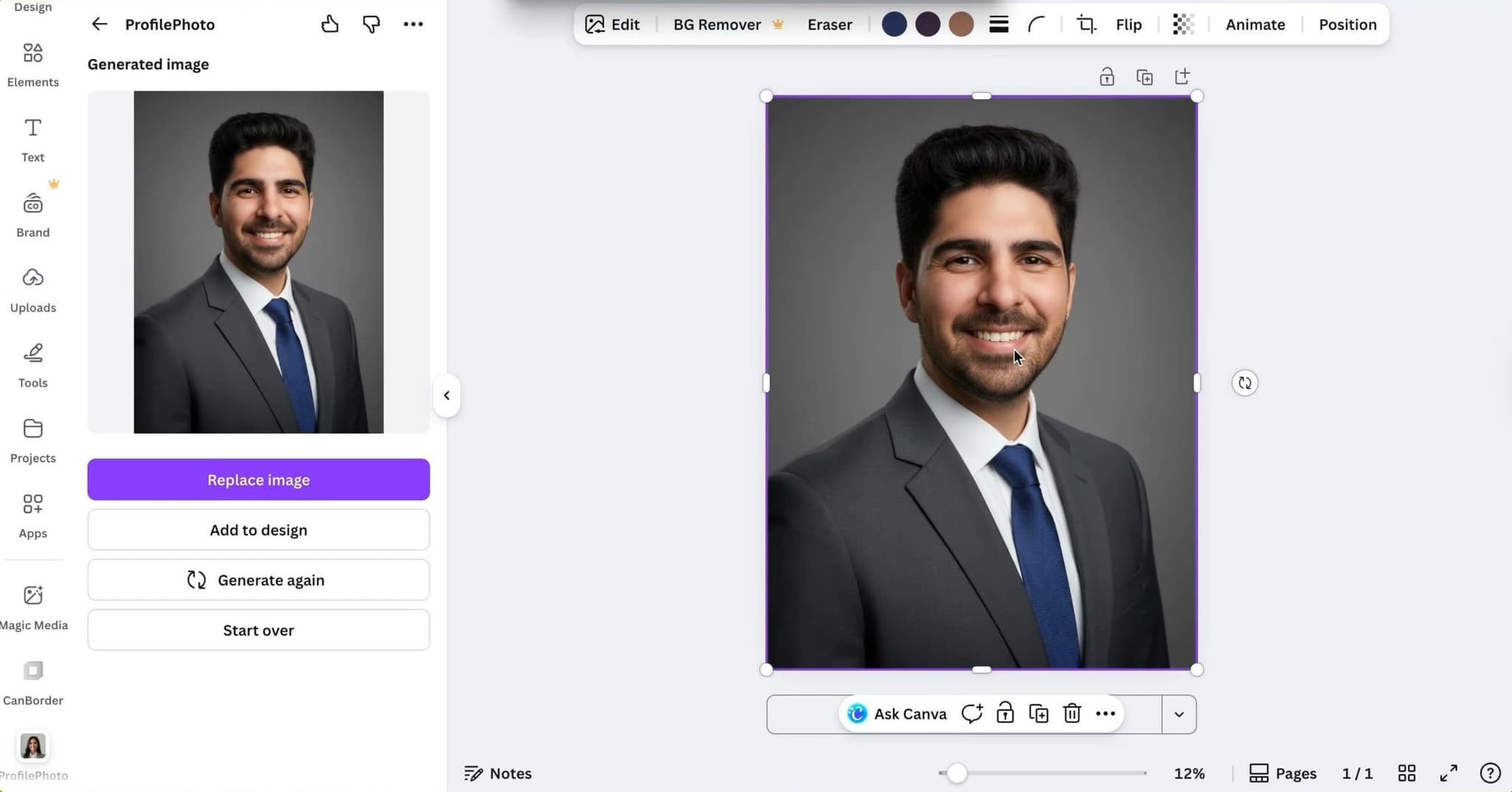 Canva AI headshot generated results showing the free output quality