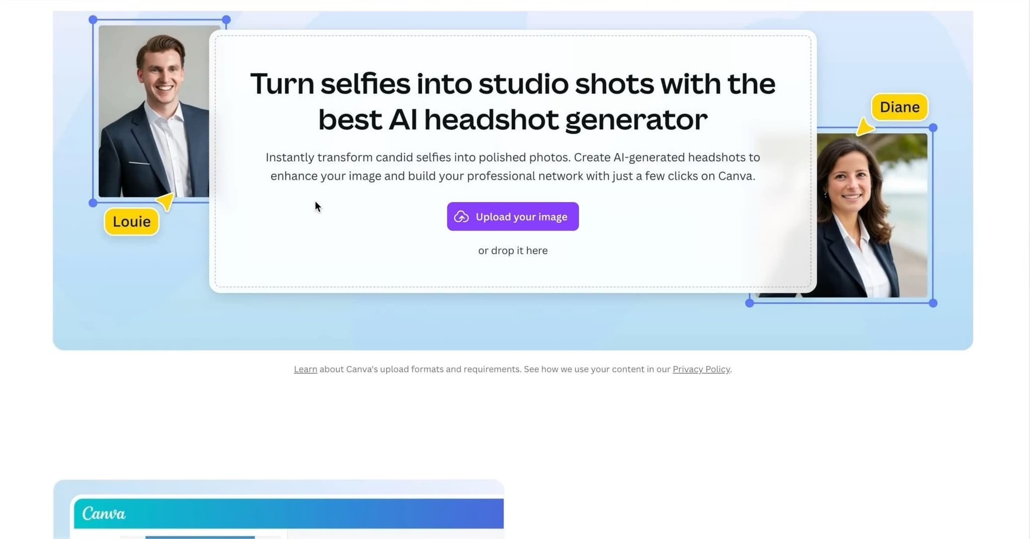 Canva AI headshot upload interface inside the Canva platform