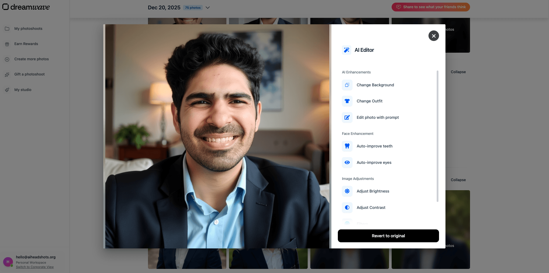 DreamWave AI auto eye enhancement showing corrected eye clarity on a generated headshot