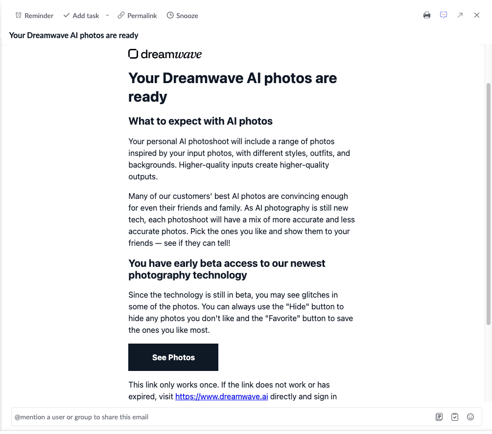 DreamWave AI email notification confirming headshots are ready to view