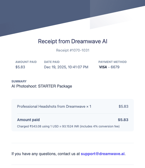 DreamWave AI Stripe payment receipt confirming a successful headshot order