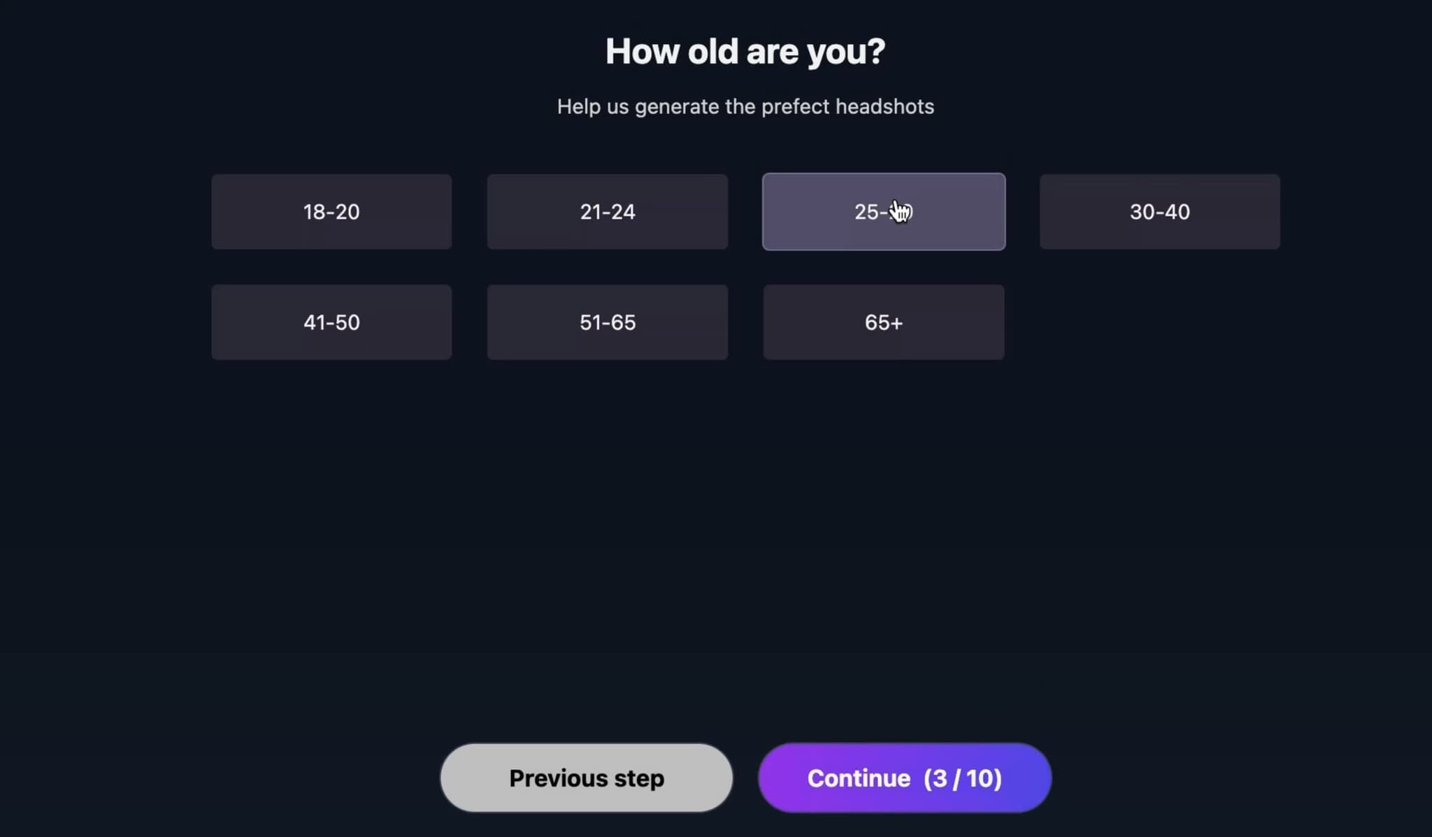 HeadshotMaster age selection screen during headshot onboarding