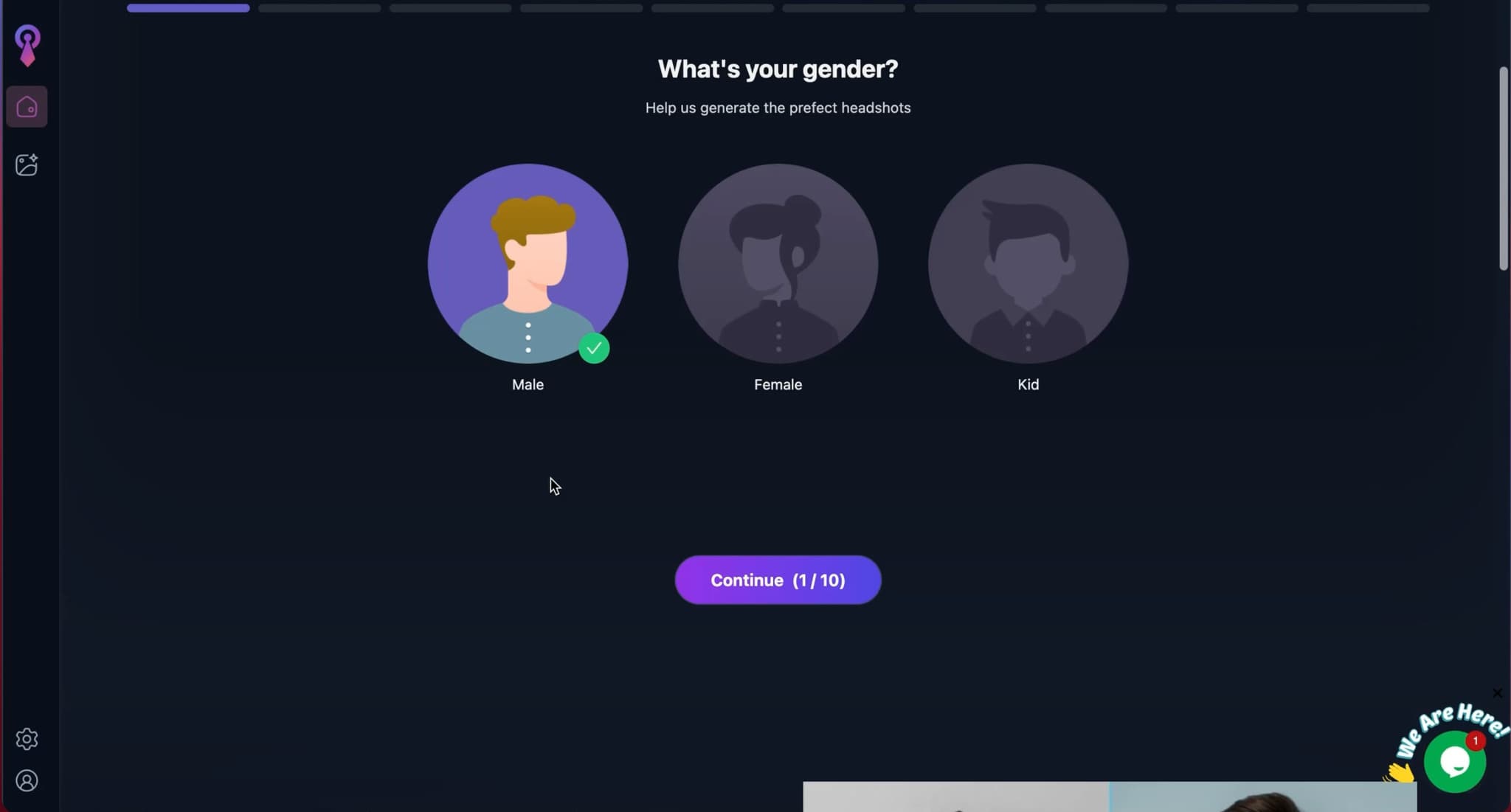 HeadshotMaster gender selection screen showing the no-signup onboarding flow