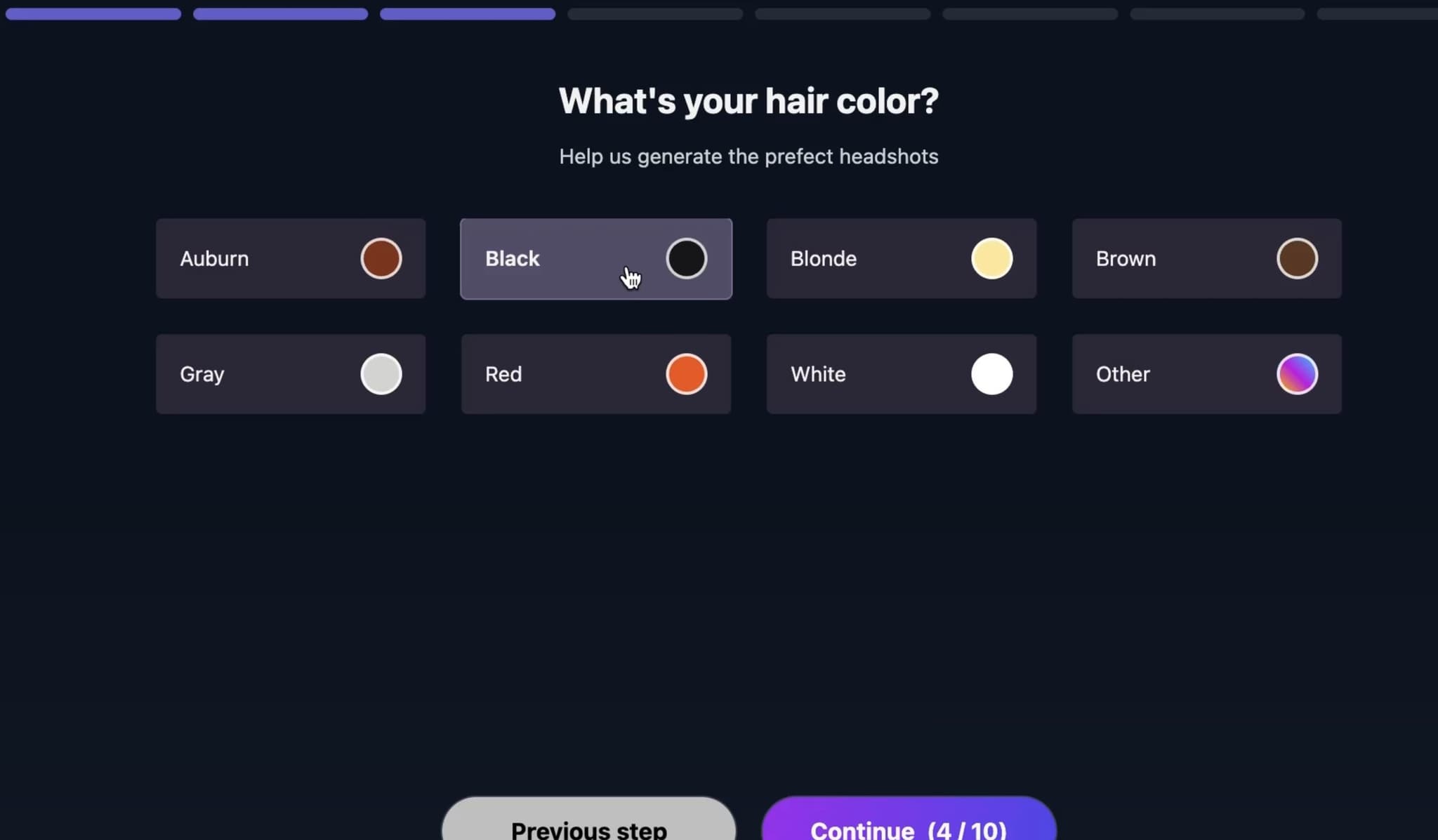 HeadshotMaster hair colour selection screen during free headshot setup
