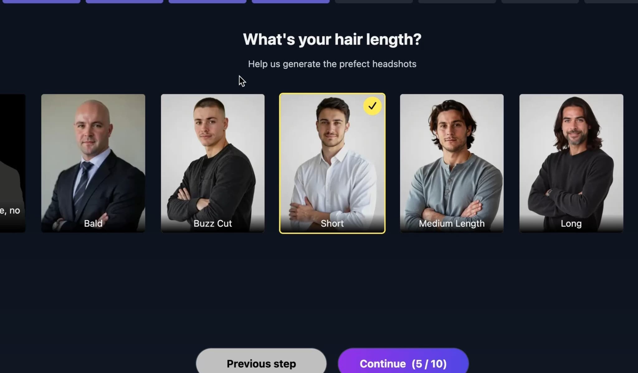 HeadshotMaster hair length selection screen showing short, medium, and long options