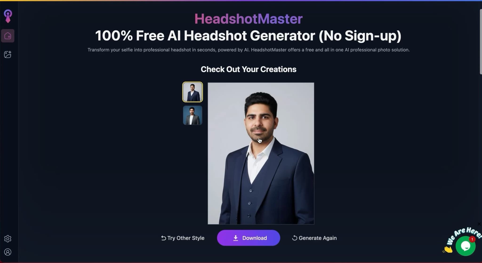 HeadshotMaster generated AI headshots results page showing free tool output quality