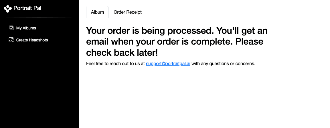 PortraitPal AI order processing interface showing headshot generation in progress