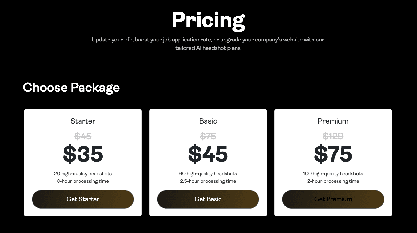 PortraitPal pricing page showing headshot package cost