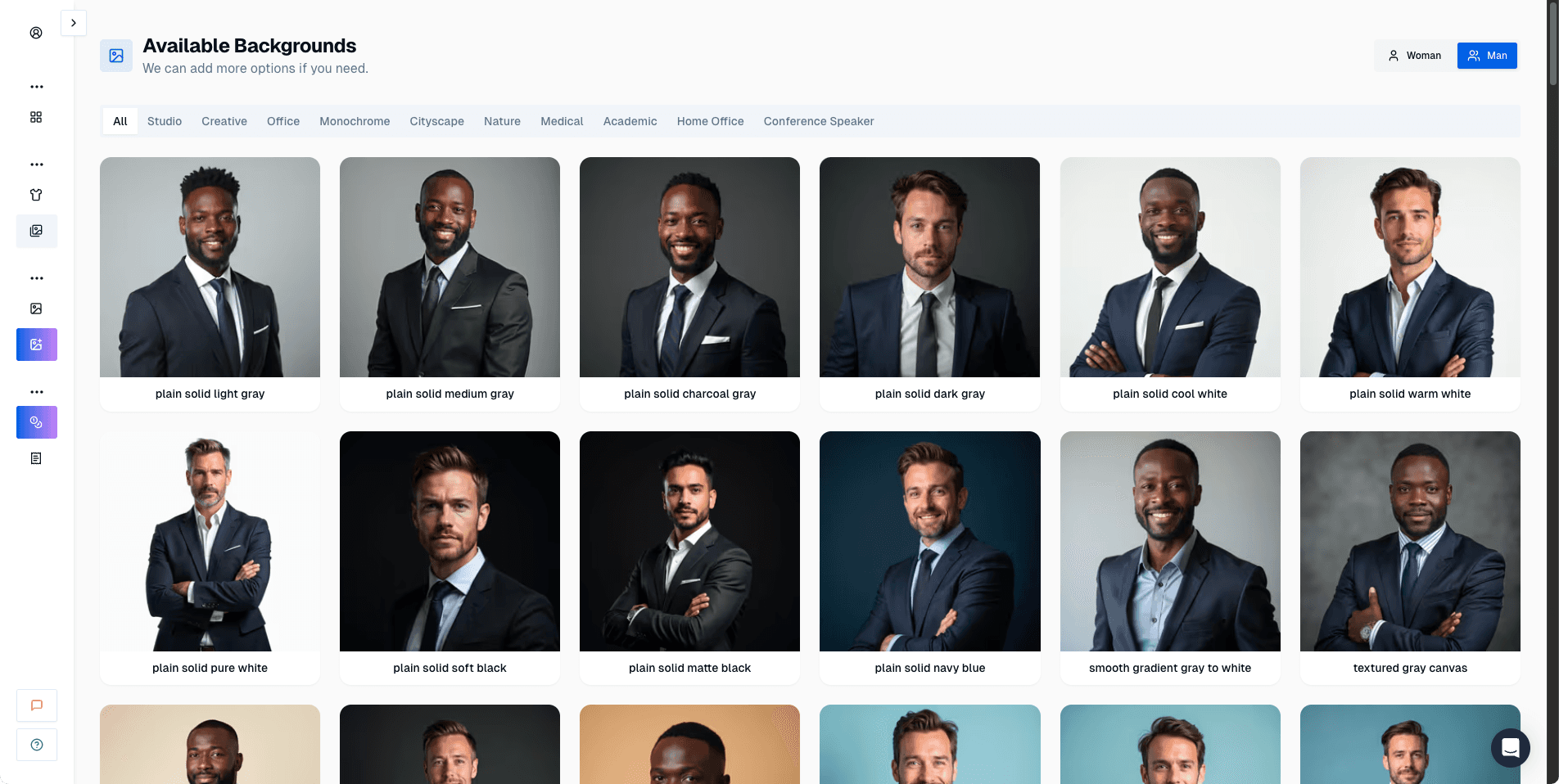 Proshoot background selection interface for headshot styles