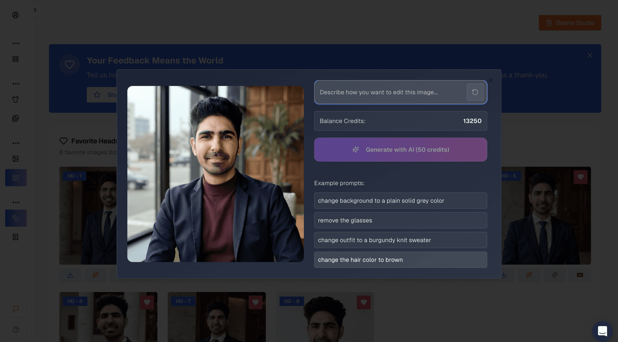 Proshoot AI editor showing a headshot before applying enhancement edits