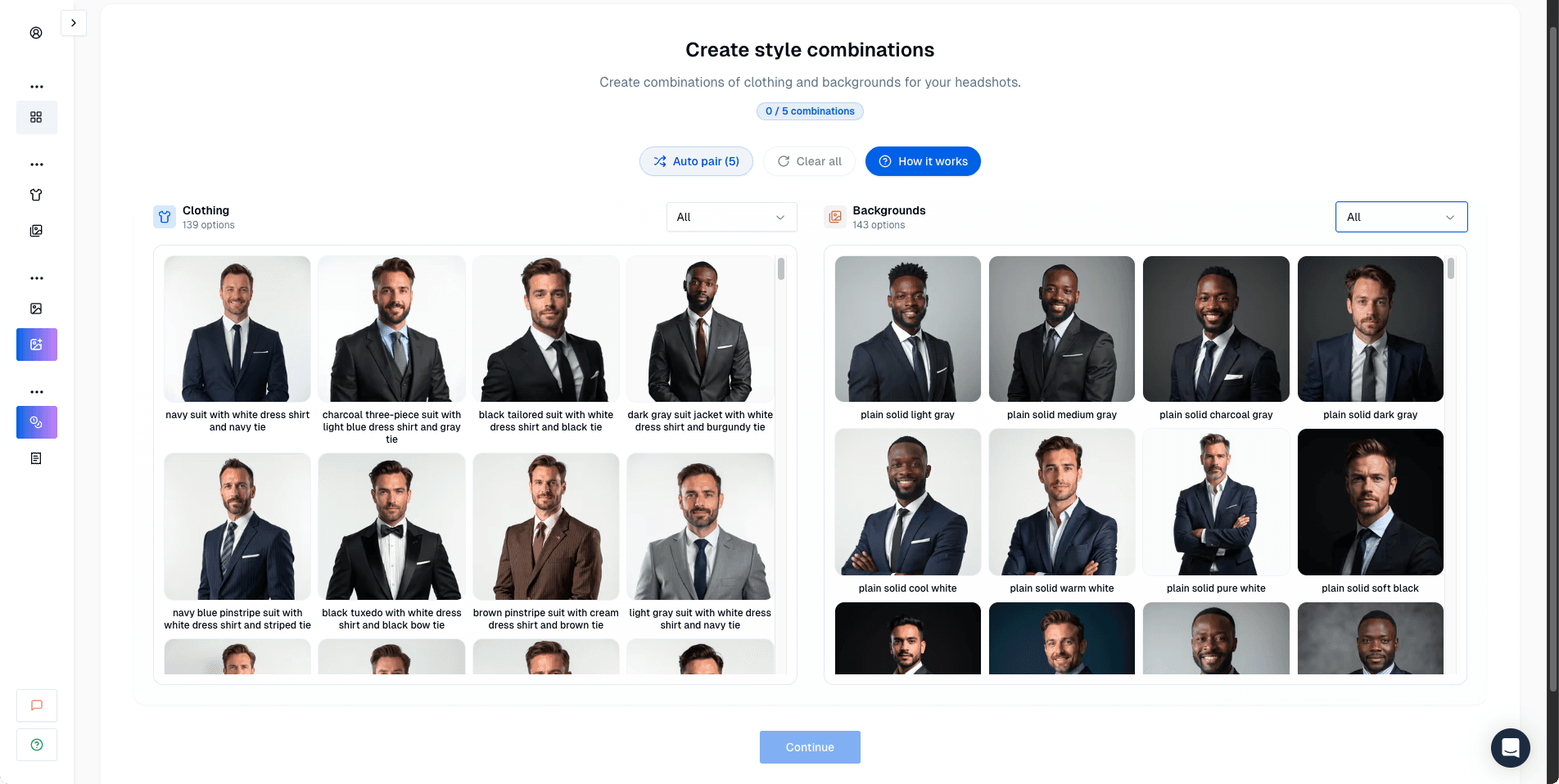 Proshoot style pairing interface combining outfit and background choices into generation sets